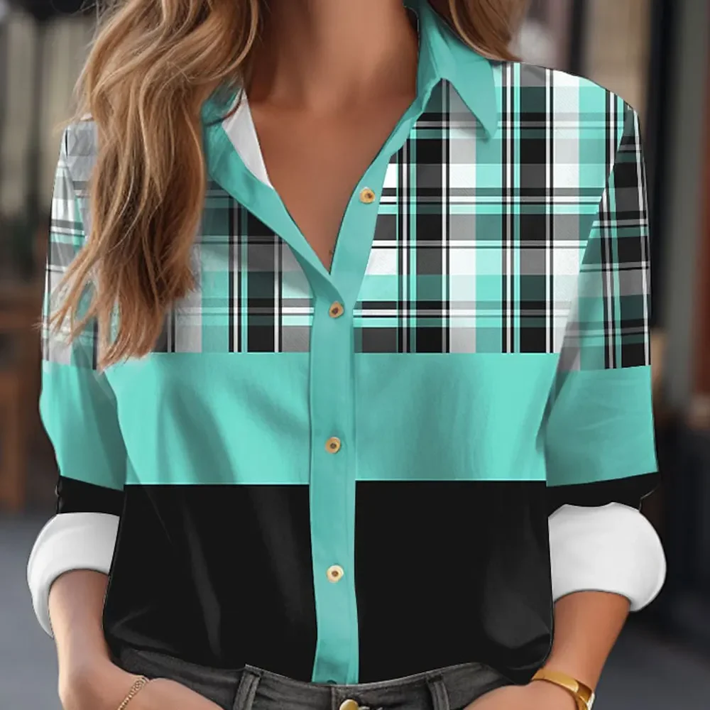 

Y2k Woman Clothes Casual T-Shirts Spring Autumn Blouse Fashion Checkered Button Printed Long Sleeved Casual Retro Shirt Tops