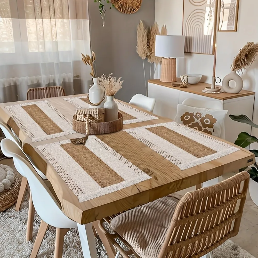 4pcs Bohemia Rectangle Table Mats Non Slip Heat Resistant Boho Burlap Placemats with Tassel Washable Linen Braided Place Mats