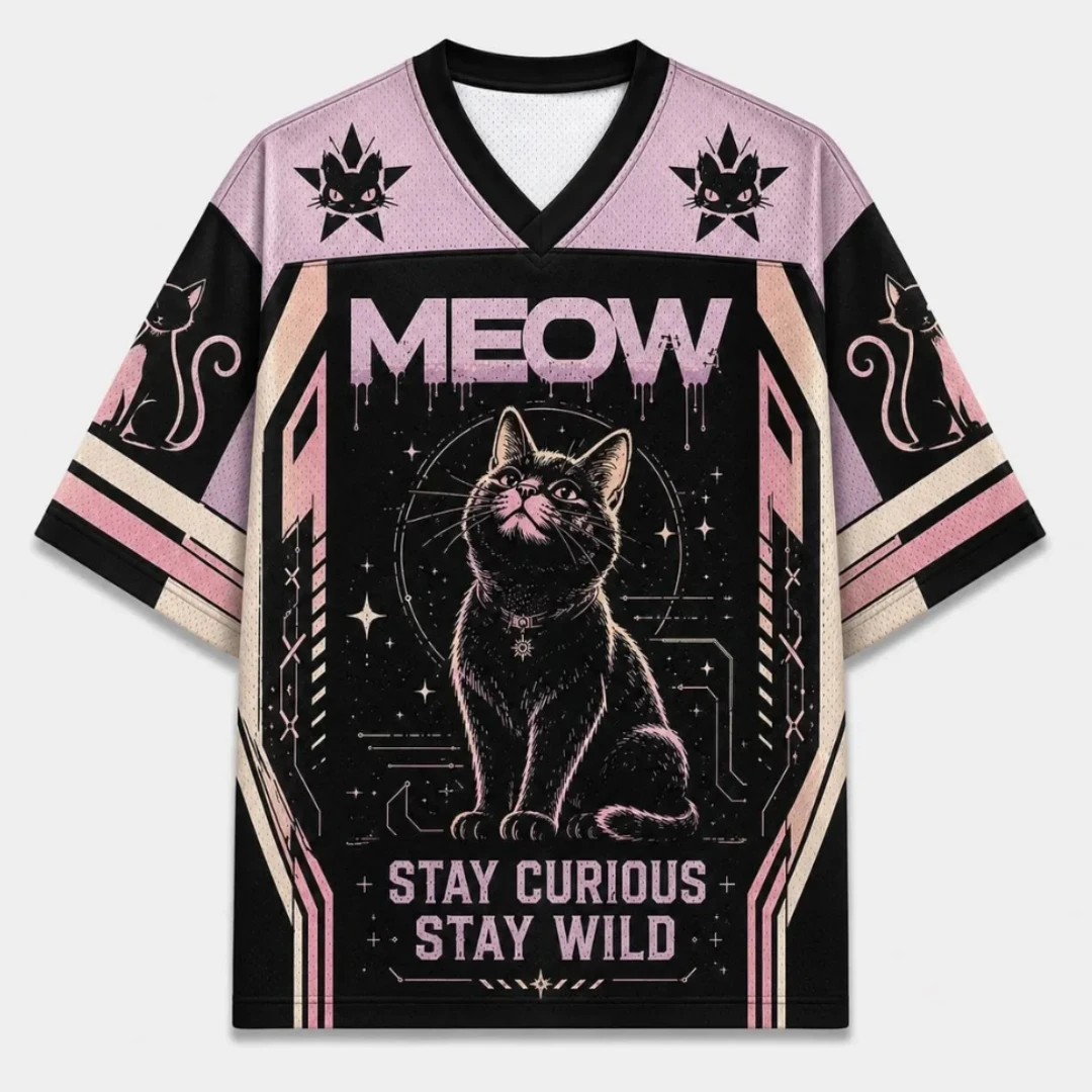 3D Print Black Cat and Star Pattern Plus-Size Mesh Pink Drip Letter Retro Loose Casual Street Short-Sleeve Sports T-Shirt