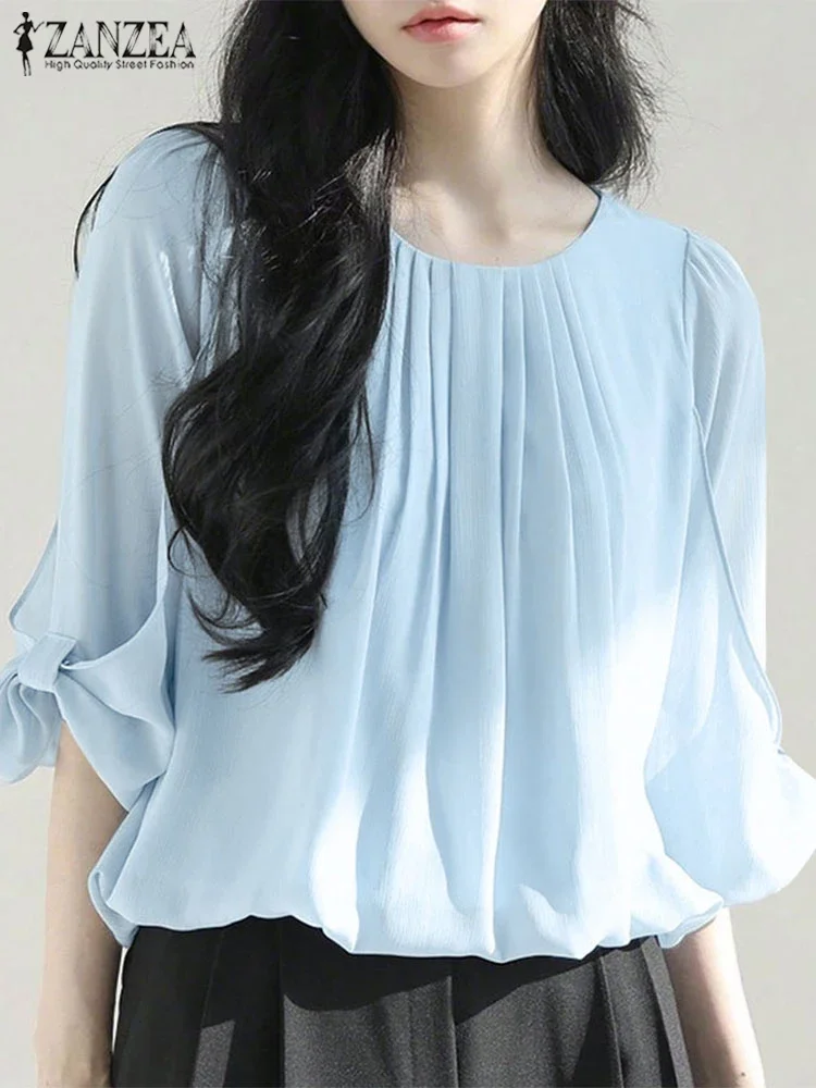 ZANZEA بلوزة صيفية قمصان شيفون عصرية 2025 قطع علوية أنيقة للمكتب للسيدات 3/4 أكمام منتفخة بلون سادة بلوزات حلوة بطيات