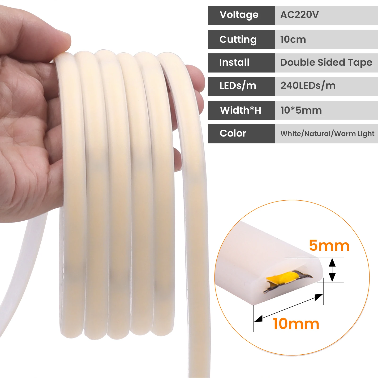 AC 220V COB LED Strip Waterproof 240LEDs/M Warm/Natural White Home Garden Kitchen Room Decor Flexible Ribbon Tape Neon Light