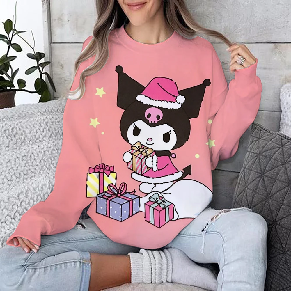 Street casual women\'s sportswear Hello Kitty Kuromi cartoon print hoodie, loose and soft pullover sweater, round neck woolen swe