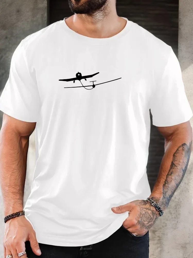 Men Royal Blue Crew Neck Tee Simple White Tow Plane Glider Silhouette Graphic Soft Short Sleeve Aviation Pilot Loose Male Tops
