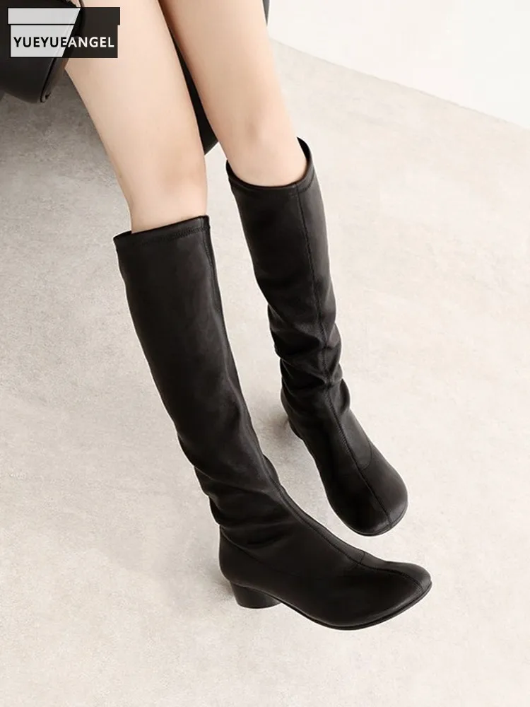 Winter Lady Fashion Comfortable Slip On Heel High Boots Sheepskin Genuine Leather Round Toe Mid Heel Ladies Wear Resistant Shoes
