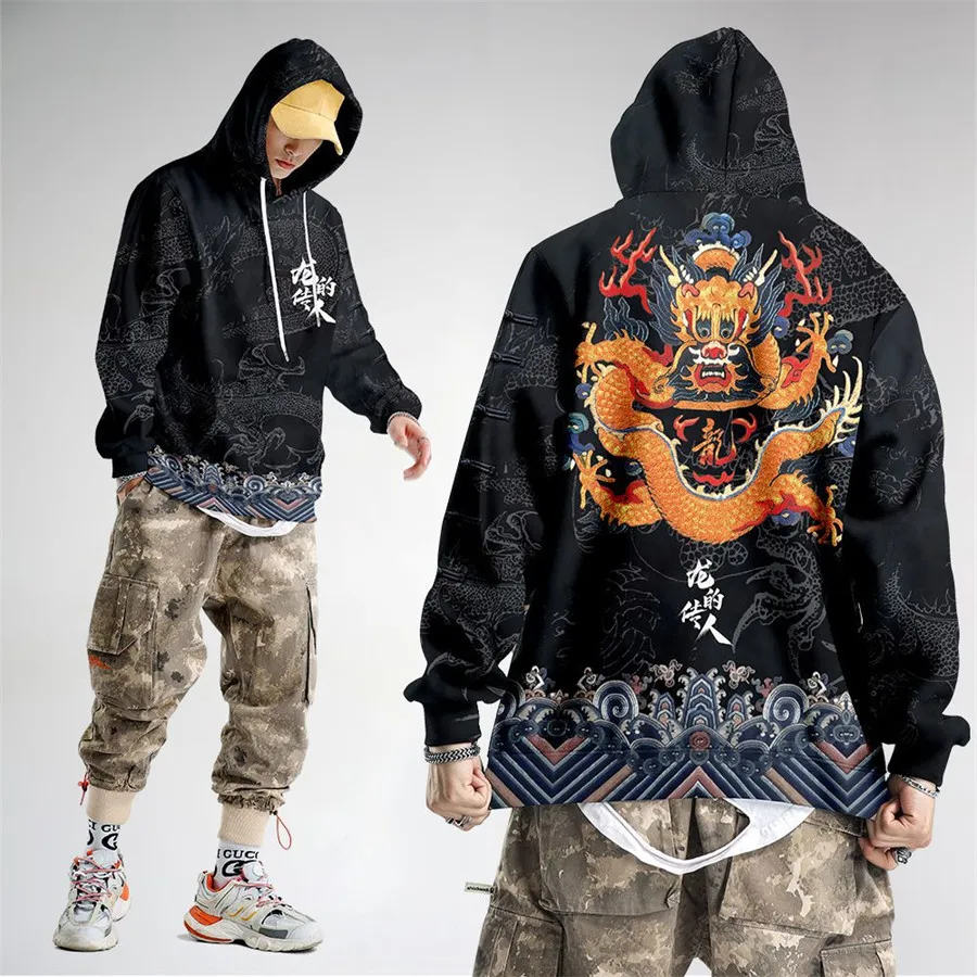 Sudadera con capucha con estampado de dragón chino de Anime para hombres y mujeres, de manga larga Sudadera con capucha, disfraz de Cosplay, abrigos casuales Harajuku