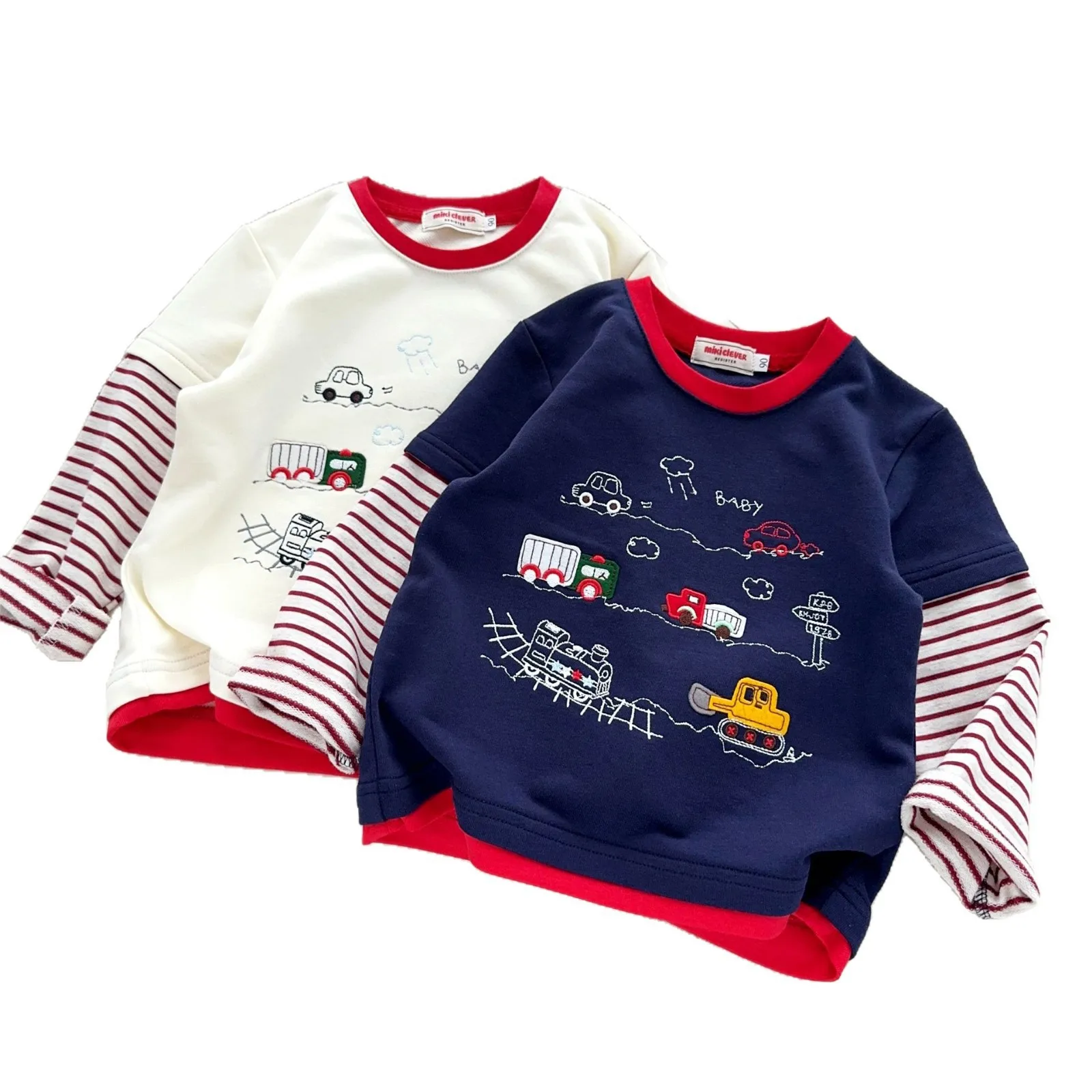 

2025 Autumn New Small and Medium sized Japanese Pure Cotton Comfortable Color Contrast Fake Two piece Long Sleeve Top