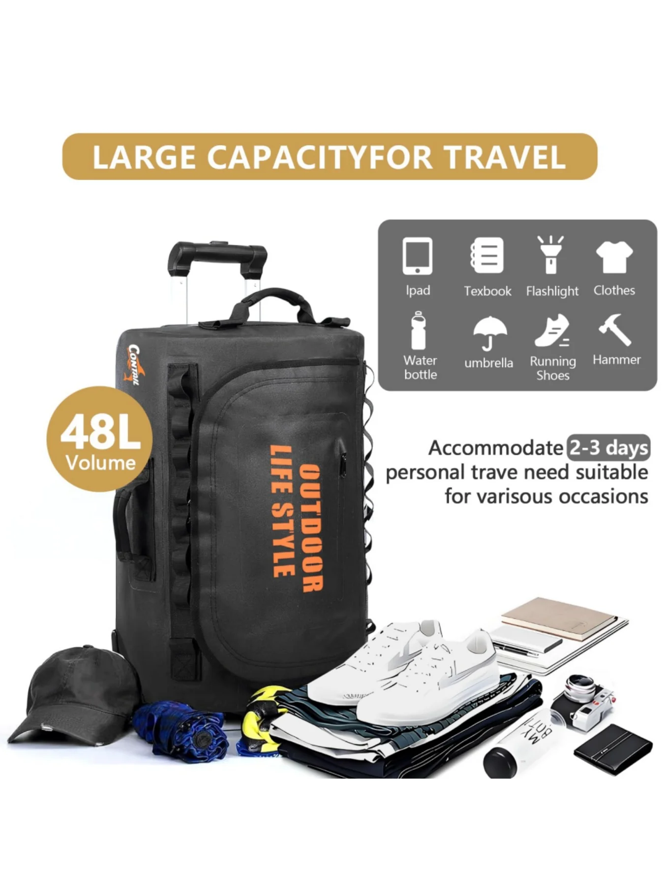 حقيبة غوص بعجلات رالي 48/95، حقيبة أمتعة بعجلات، حقيبة مقاومة للماء مع مقبض جر تلسكوبي مزدوج القطب، مقبض وحزام كتف على الظهر قابل للفصل، ثلاثة أوضاع حمل للمعدات المرنة ومريحة، مناسبة لمعدات الغوص، باللون الأسود #3