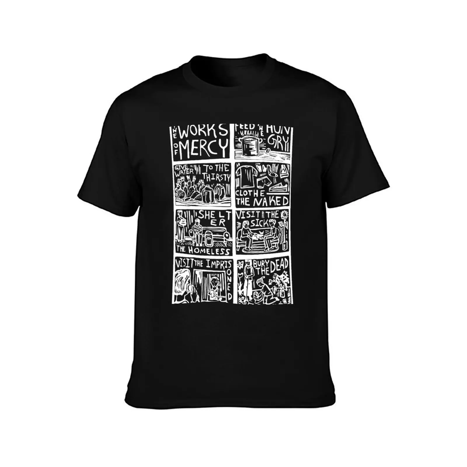 The Works of Mercy Linocut Image WHITE INK T-Shirt Big Size Simple T-Shirt