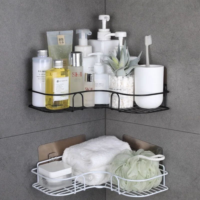 Bathroom Corner Storage Shelves Wall Mounted Rack Shampoo Holder Iron Shower Drain Basket Punch-Free Organizer Bath Accessories