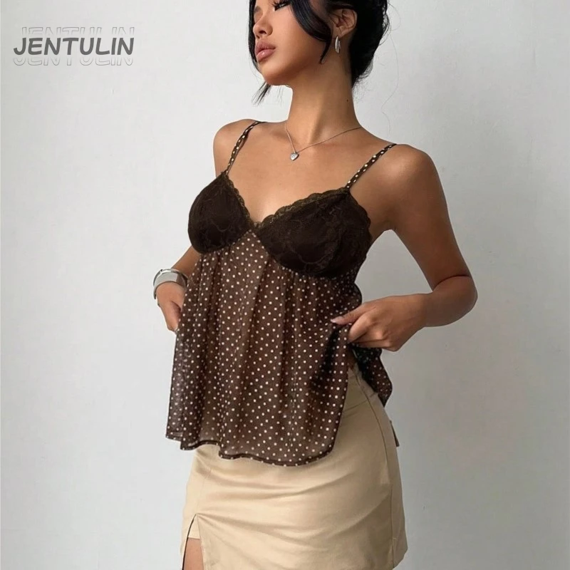 Lace Stitched Polka Dot Halter Top Women V-neck Sleeveless Design Suitable Both European American Summer Fashion Brown Vest Tops