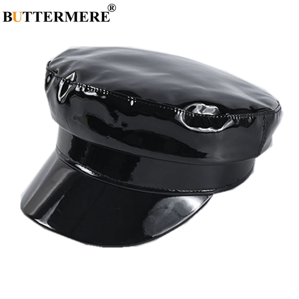 BUTTERMERE Patent Leather Military Style Cap Ladies Black Sailor Hat Woman Captain Cap Autumn Winter High Fashion Hats