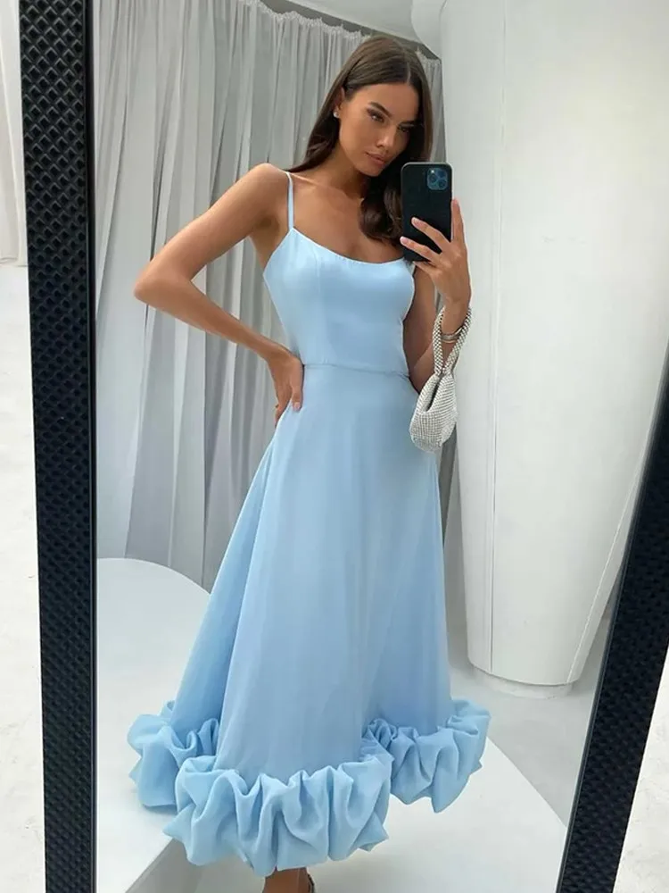 Sexy Ruffle Pleated Camisole Dress Women Elegant Sleeveless Backless Long Dresses Fashion Female Banquet Party Maxi Robe Vestido