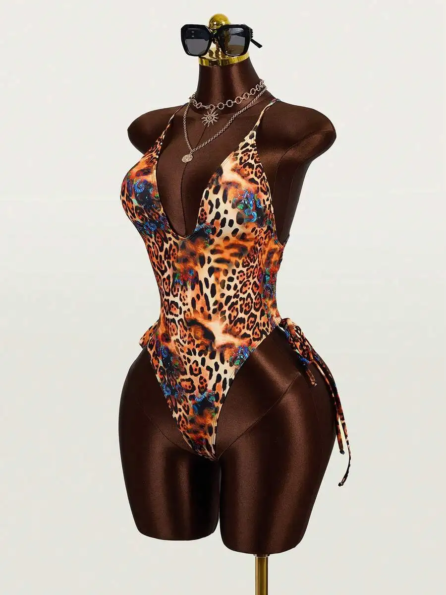 

Leopard Print One Piece Swimsuit Deep V Neck High Cut Leg Beach Swimwear