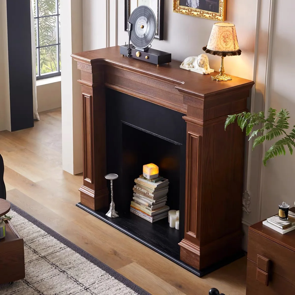 

French retro solid wood fireplace cabinet decoration living room porch rack simulation middle ancient flame porch fireplace