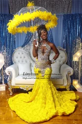 Luxury Yellow Sequin Long Prom Dresses Black Girls 2024 Bead Diamond Mermaid Sheer Neck Formal Evening Party Gala Gowns