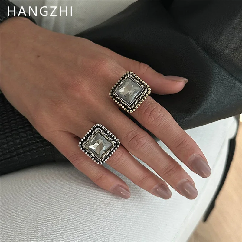 HANGZHI Vintage Geometric Square Rhinestone Open Ring Hiphop Trend Charms Jewelry for Women New