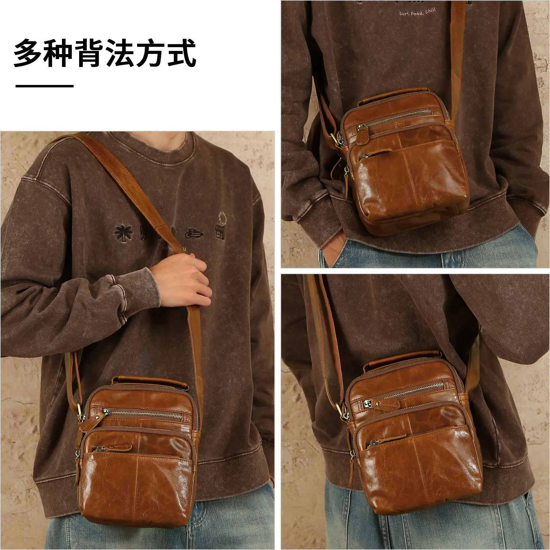 

Мужская сумка на одно плечо из натуральной кожи, кожа из масляного воска, мульти-молвка в стиле ретро, ручной рюкзак через плечо большой вместимости.