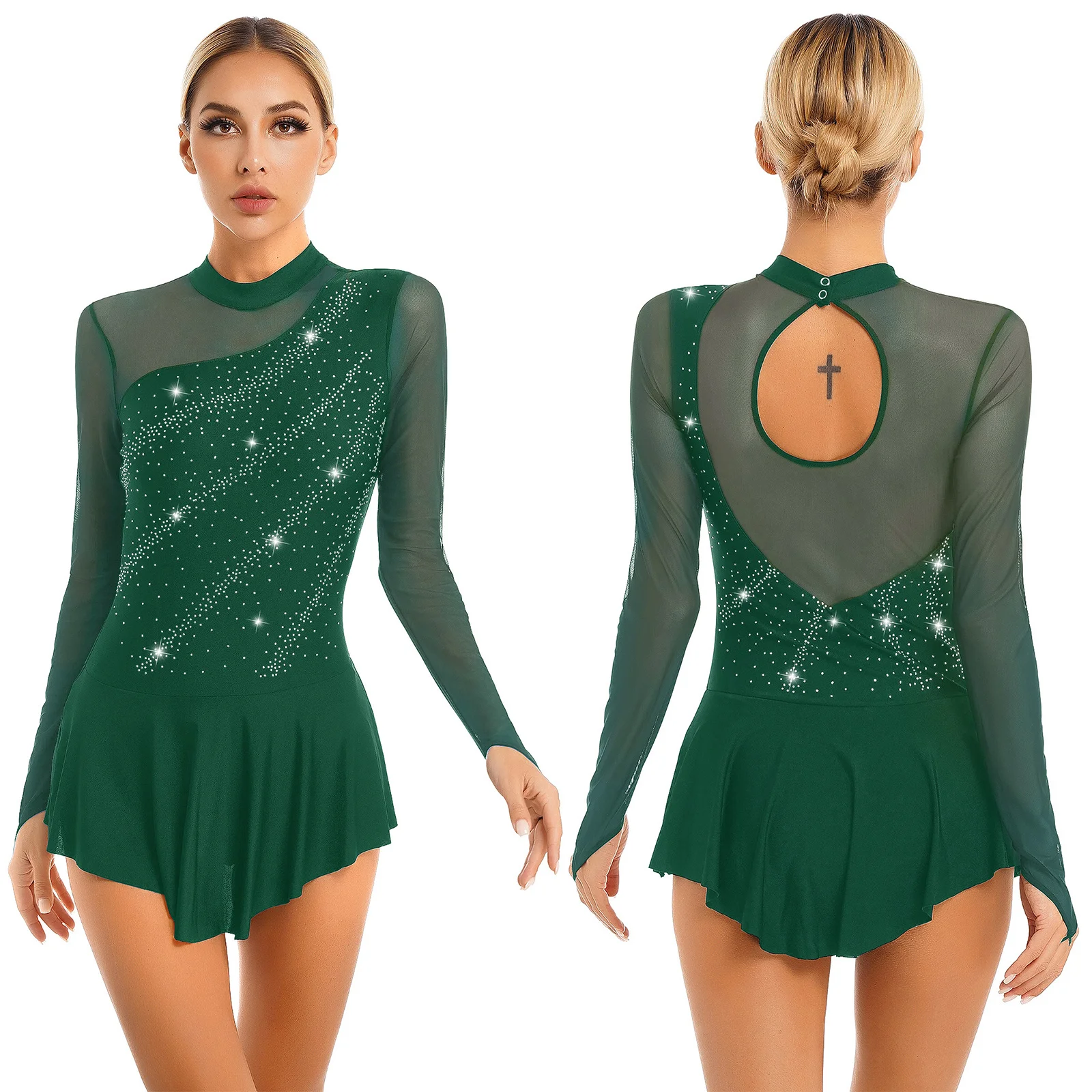

Women Adults Figure Skating Lyrical Modern Dance Dress Competition Costume Mesh Splice Leotards Dress Gymnastic Ballet Dancewear