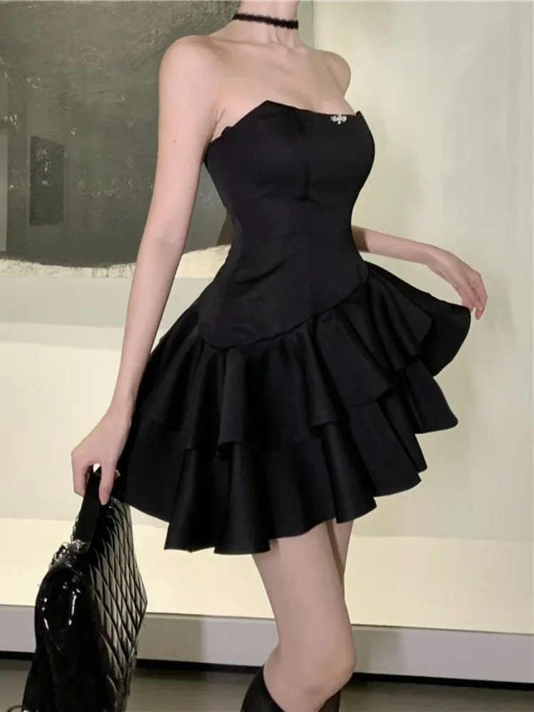 Korejepo Pure Desire Tube Dresses Black Hip Wrapped Dress 2024 Summer Solid Color Waist Sweet Spicy Birthday Temperament Vestido