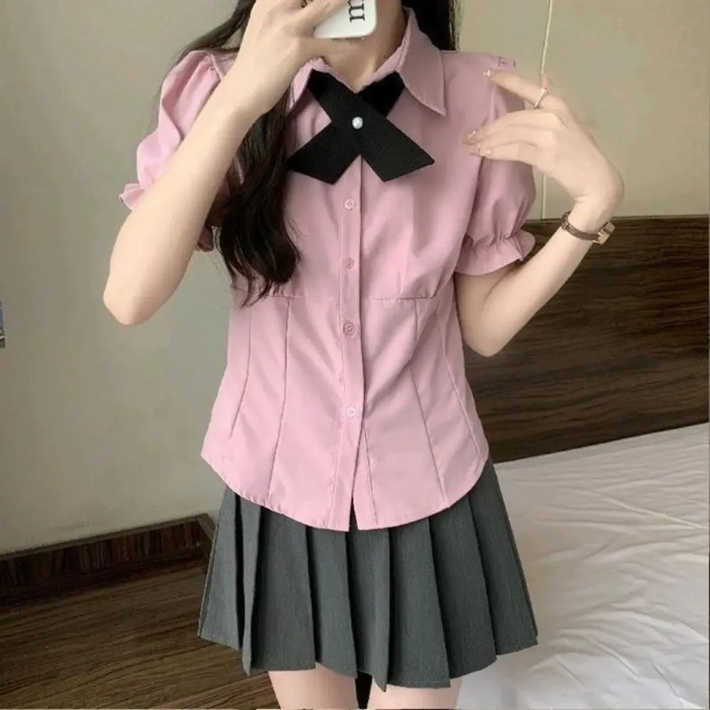 Chic Bowknot JK Kurzarm Shirts Puff Sleeve Y2K Schlanke Bluse Frauen Crop Top Adrette Süße Mädchen Shirts Sommer