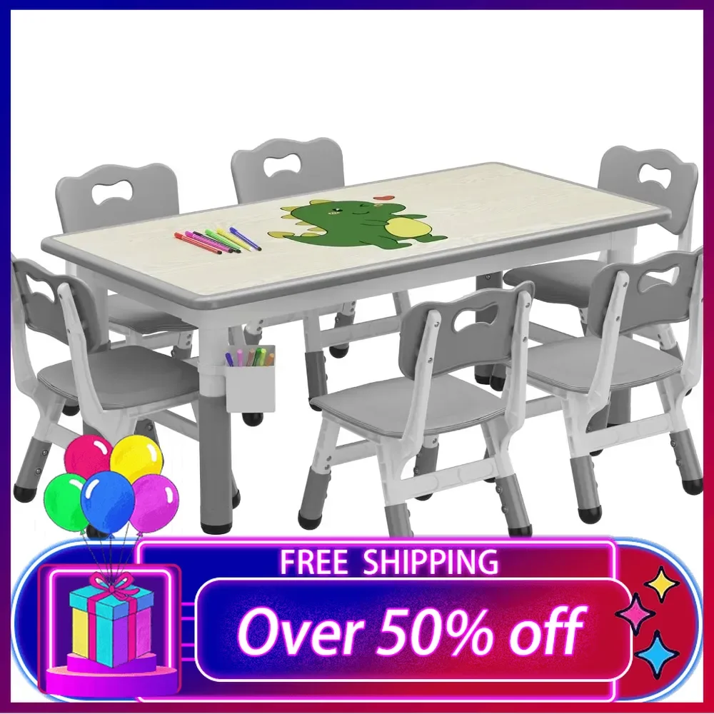 

Kids Table and 6 Chairs Set with Storage Box, Height Adjustable Toddler Table and Chair Set for Ages 2-10, Non-Slip Legs