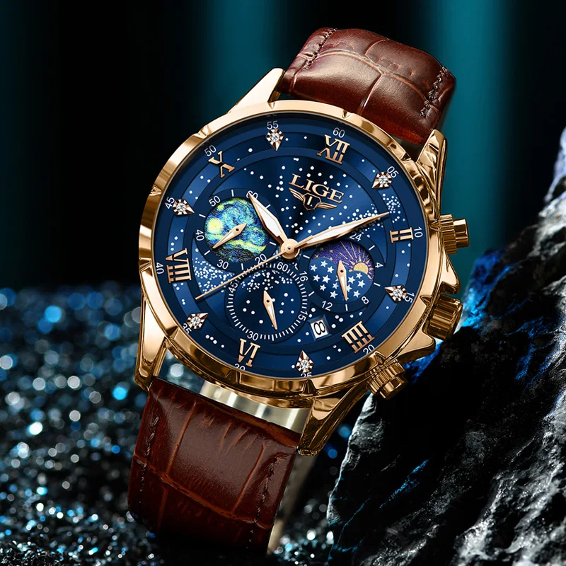 LIGE Creative Mens Watches The Starry Night Paintings Dial Quartz Wristwatches Luminous Star Moonswatch  Watch Men Chronograph