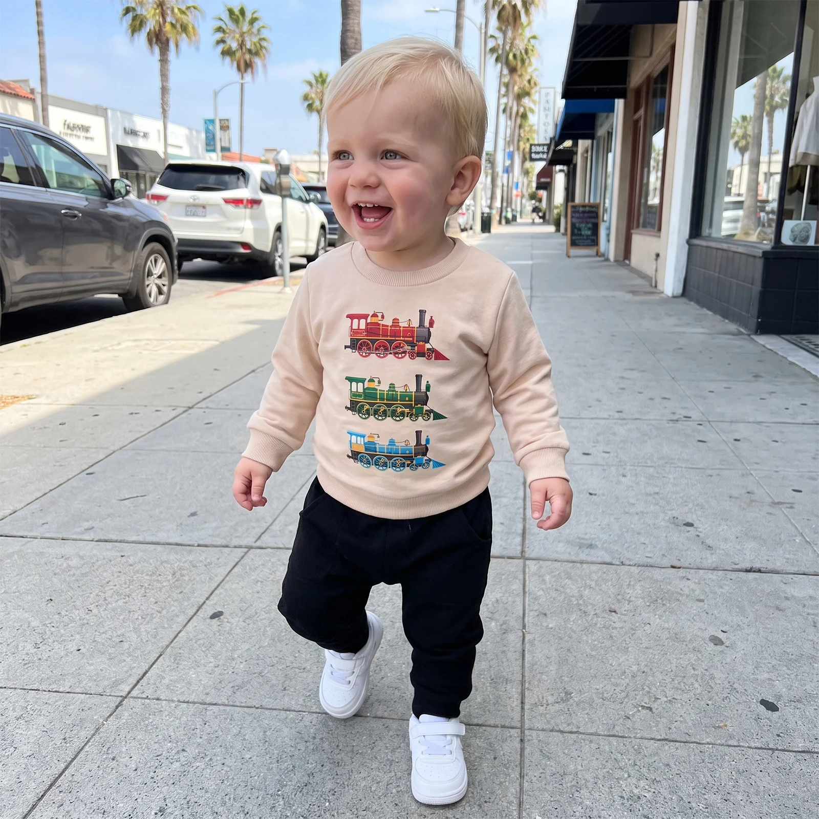 Tregren Infant Baby Boy Fall Outfits Casual Long Sleeve Cartoon Dinosaur/Train Print Sweatshirt Top + Long Pants 2pcs Sets