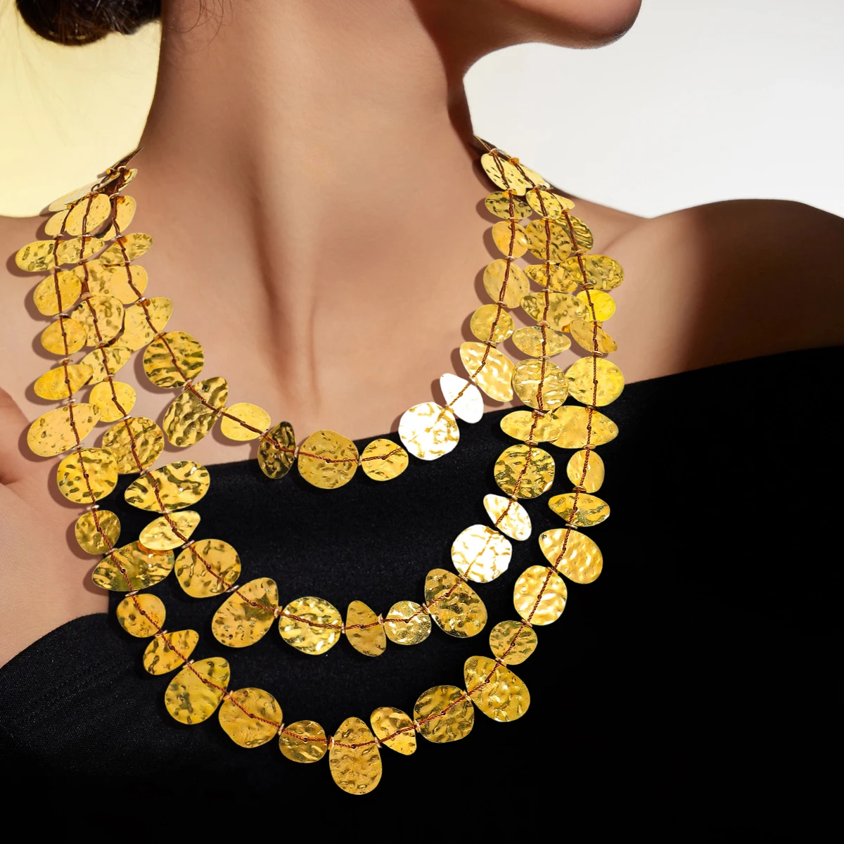 

ZAA 2025 Multilayer Metal Plate Waterfall Necklace with coloured thread Luxury Fashion Women Vintage Jewelry Holiday Accessories