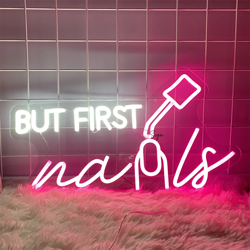 Neon LED Sign But First Nail Lights Sign USB Room Decoration Wall Art Neon Night Light Beauty Salon Nail Decor Signboard Lights