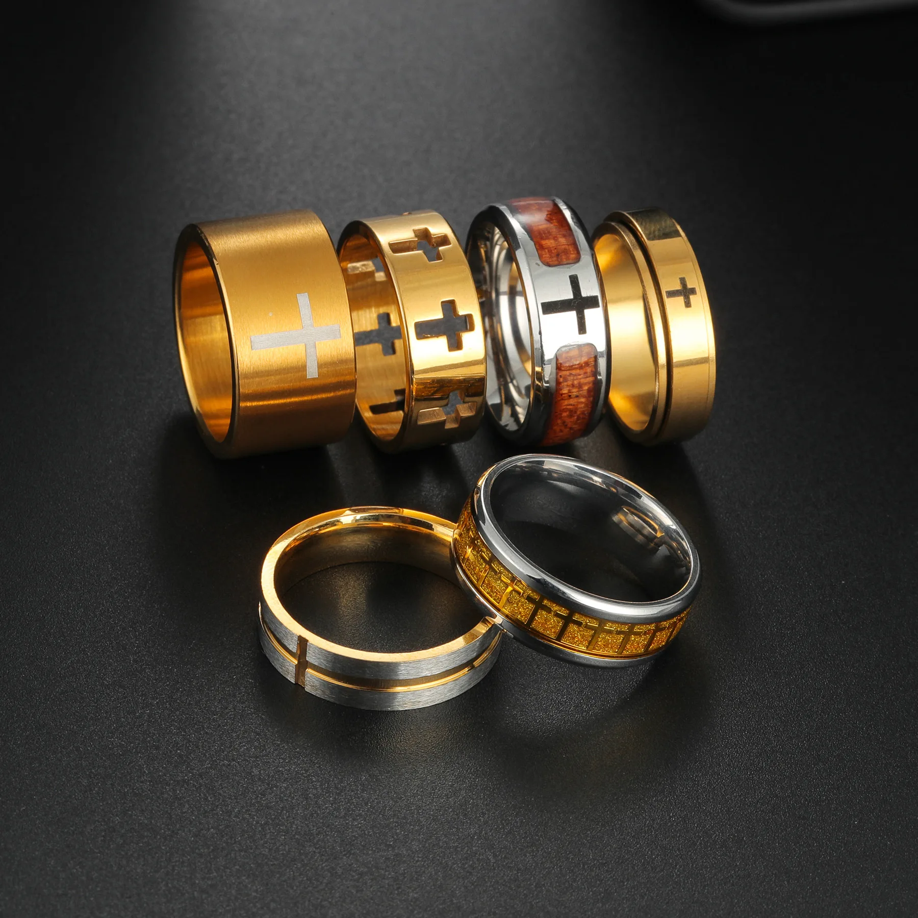 Classic Cross Stainless Steel Love Ring Women Men Hollow Cutting Free Rotation Anxiety Lnlaid Wood Luxury Jewelry Wedding Gift ﻿