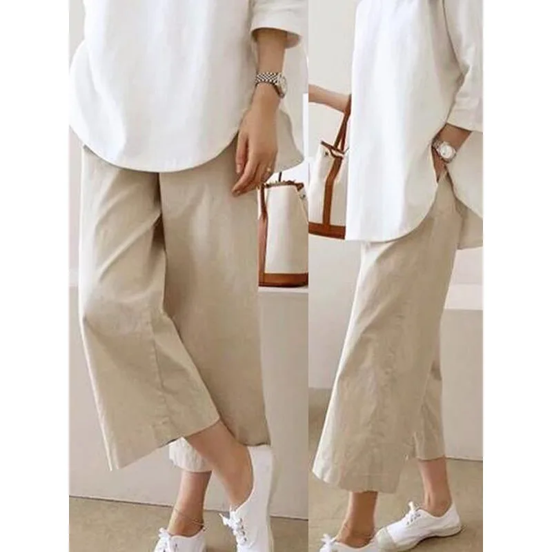 Tinaa Cotton Linen Blend Pants Women 2025 Japanese Style Solid Color Straight Ankle-length Pant Casual Simple Trousers 77817