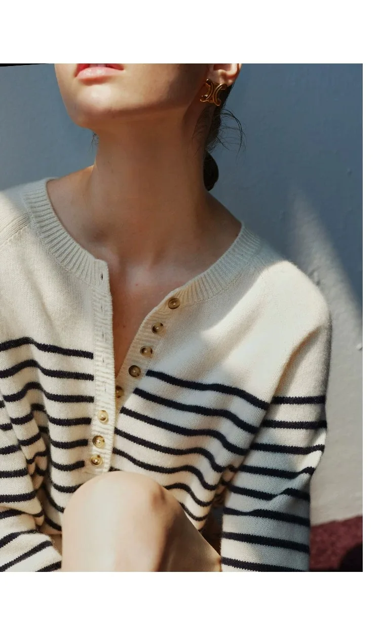 French crew-neck sweater Women's half-open neck breasted horizontal striped long sleeve pullover cashmere sweater loose knit top