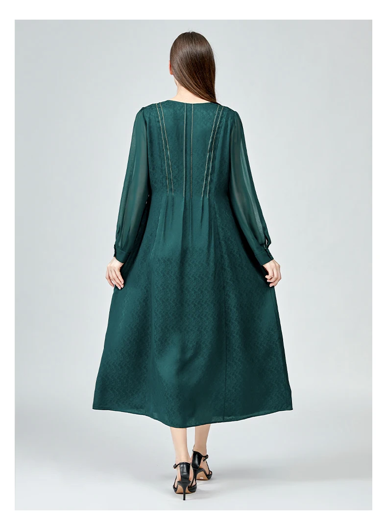 100% Real Silk Jacquard O-Neck Long Sleeve Dresses Bright Line Decoration Refreshing Wild Malachite Green Long Dress AE1265