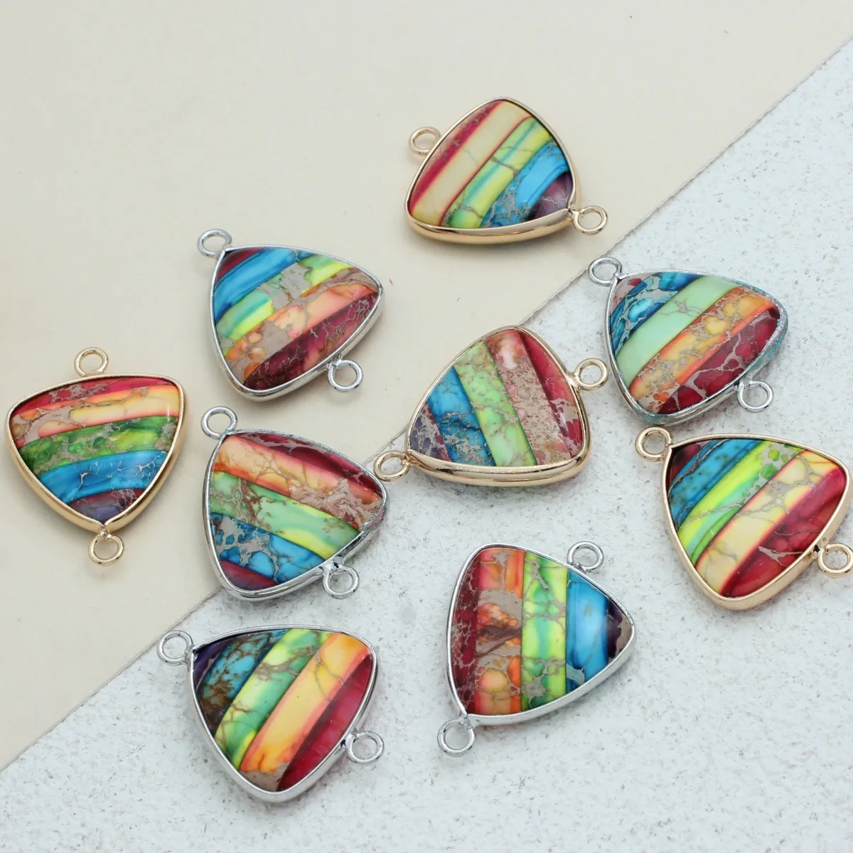 30X22x5mm cross-border hot-selling emperor stone colorful stone triangular double-hole connector DIY accessories