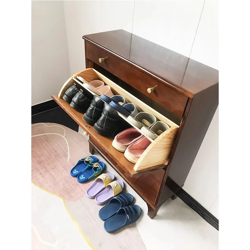 All solid wood shoe cabinet walnut log color American light luxury simple small apartment tipping bucket ultra-thin entrance cus