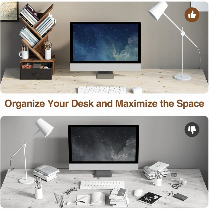 رف كتب مع درج، 4 أرفف شجرة، أرفف كتب خشبية، رف تخزين أقراص مضغوطة/أفلام/كتب، خزانة كتب بنية ريفية، Util