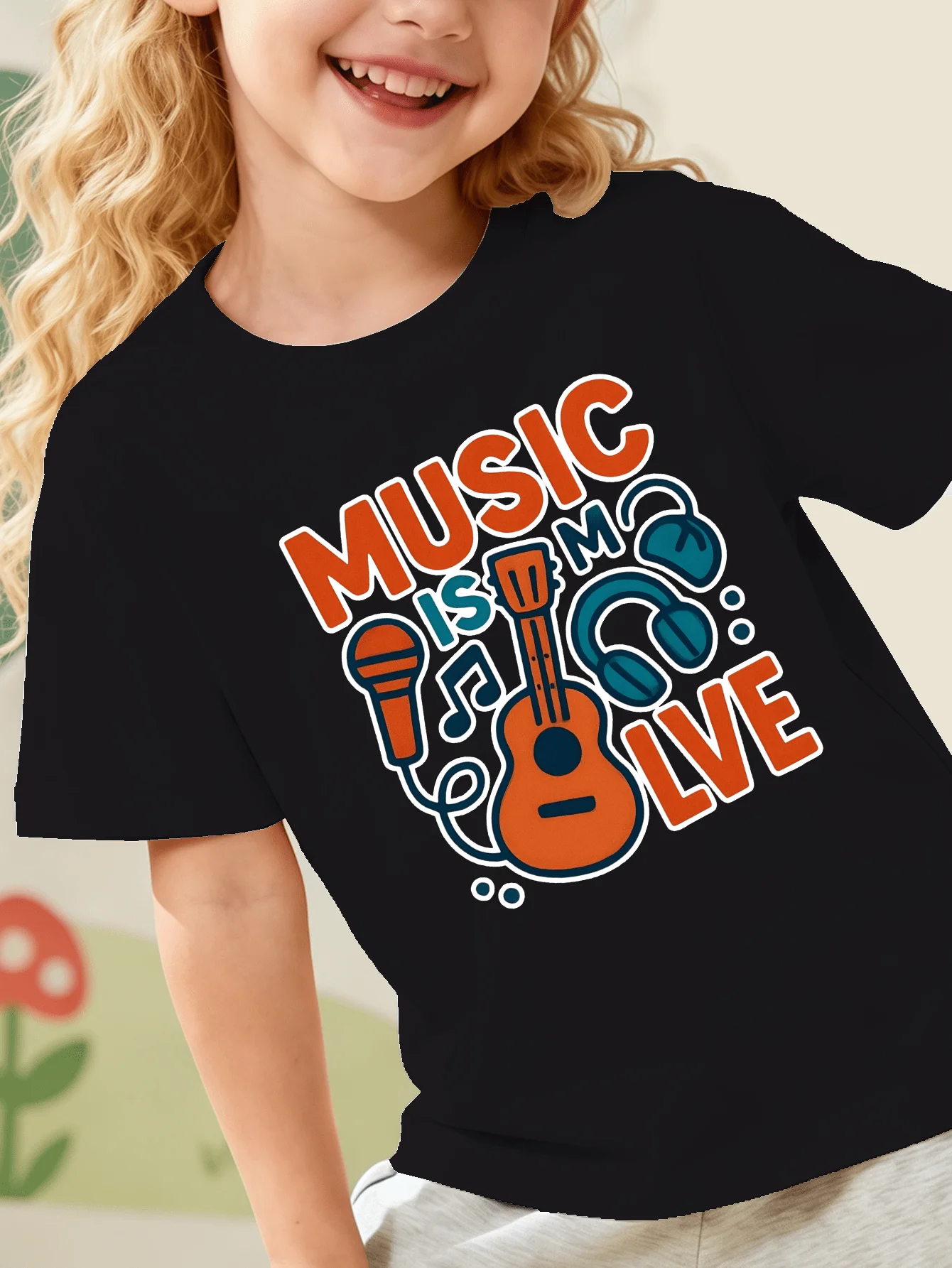 Music Theme Letter Guitar Microphone Cartoon Art Print Kids T Shirt Boys Girls Family Matching Summer Crew Neck Short Sleeve Tee