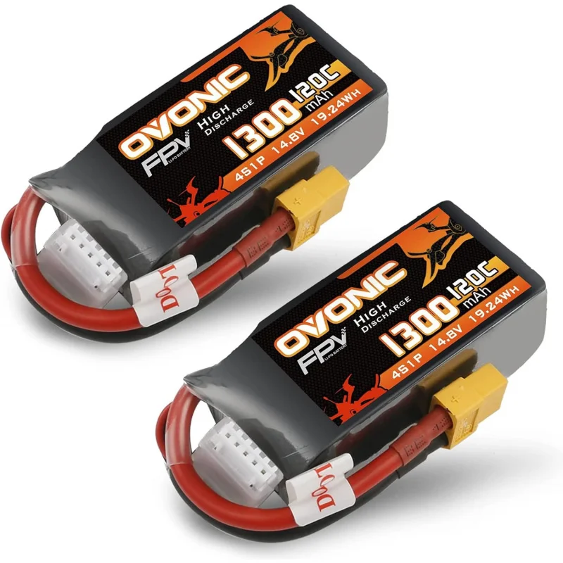 OVONIC 4s Lipo Battery 120C 1300mAh 14.8V Lipo Battery with XT60 Plug for RC FPV Racing Drone Quadcopter(2 Packs)