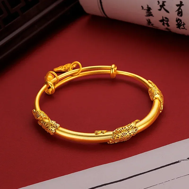 9999 Real Gold 24K New Chinese Style Flower Ancient Women's Niche Design Push-pull   Acacia Vine Butterfly Bracelet