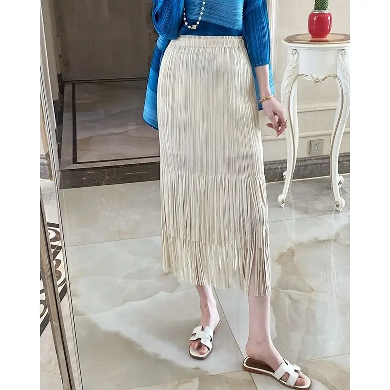 Pleated drape pleated skirt for women with high waist and slim fringed skirt, solid color skirt, spring/summer 2023