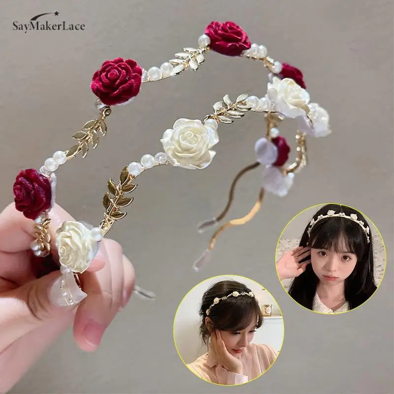 Elegant Vintage Ladies Rose Vine Headband Hair Accessories Headdress Girls Metal Flower Pearl Red White Rose Hairbands