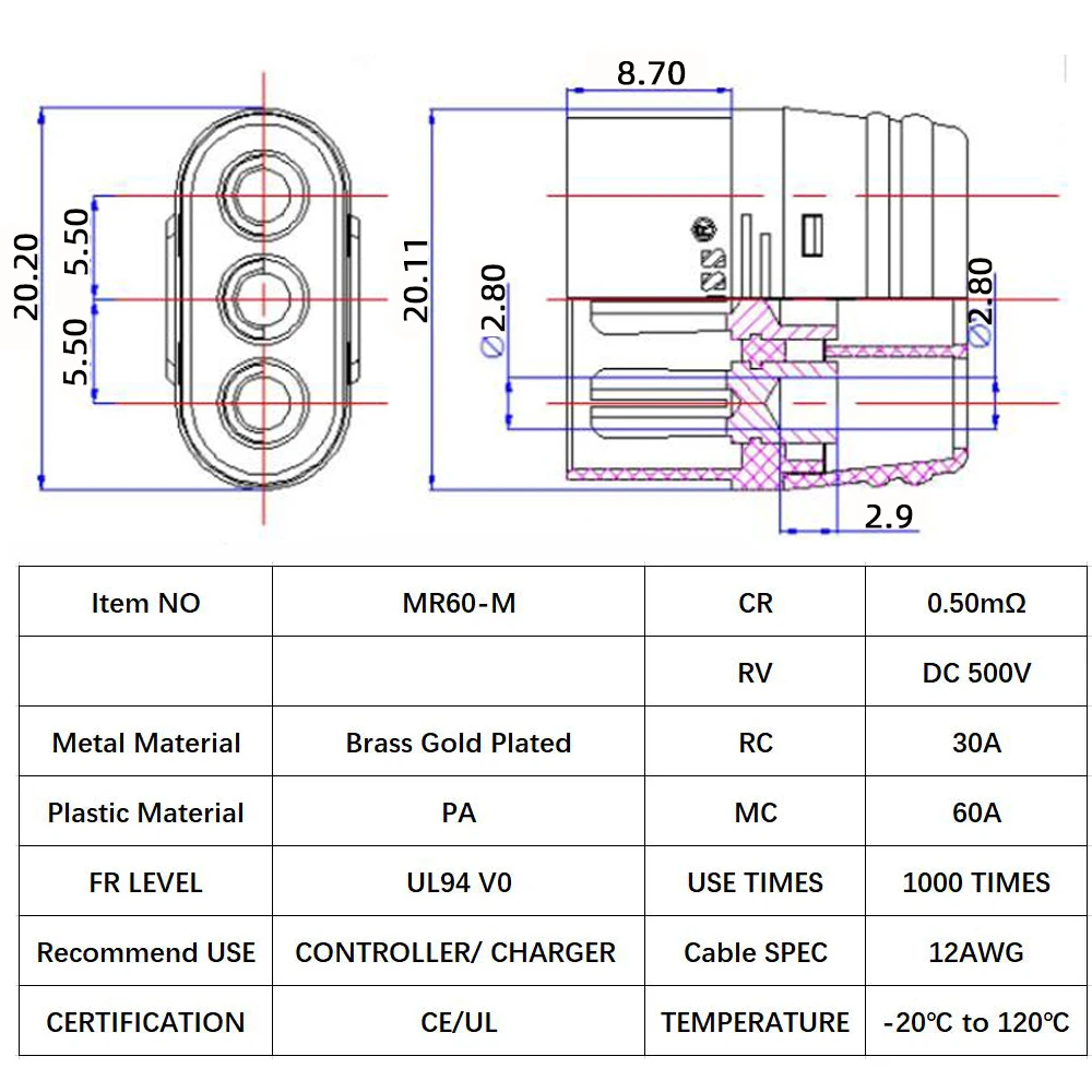 Amass MR60 MR60 Male W/Protector Cover 3.5mm 3 Core Connector T Plug Interface Connector Sheathed for RC Model (5 Pair/10 Pair)