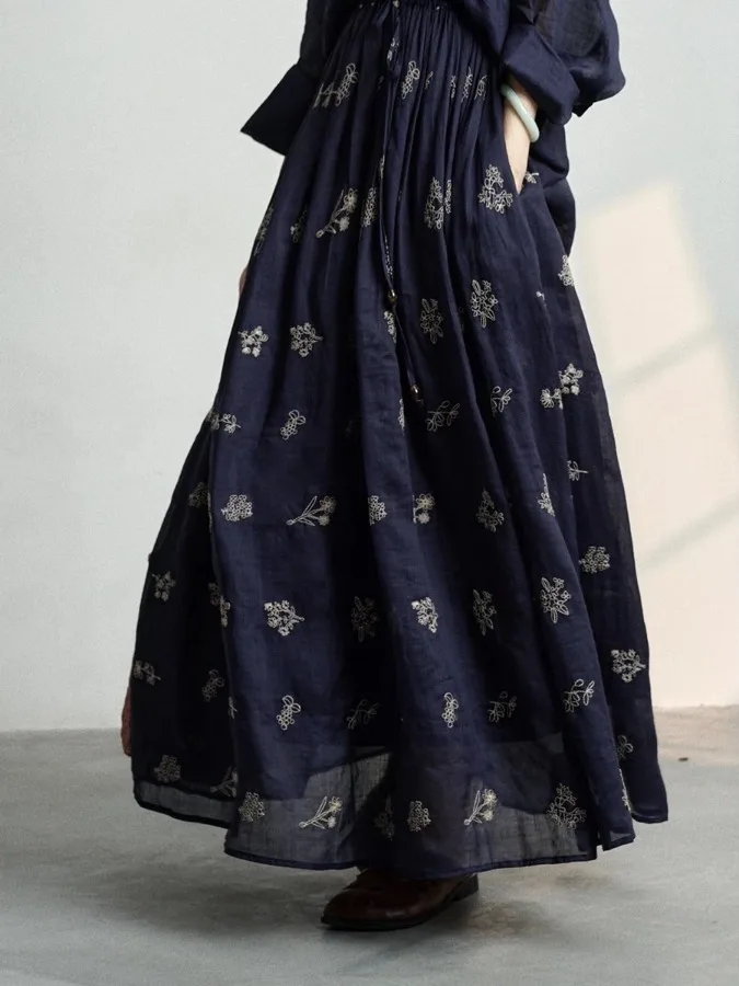 Retro Embroidery Heavy Work A-Line Skirt Women's Loose Fit Summer New Style Elastic Waist Slimming Half-length Skirt