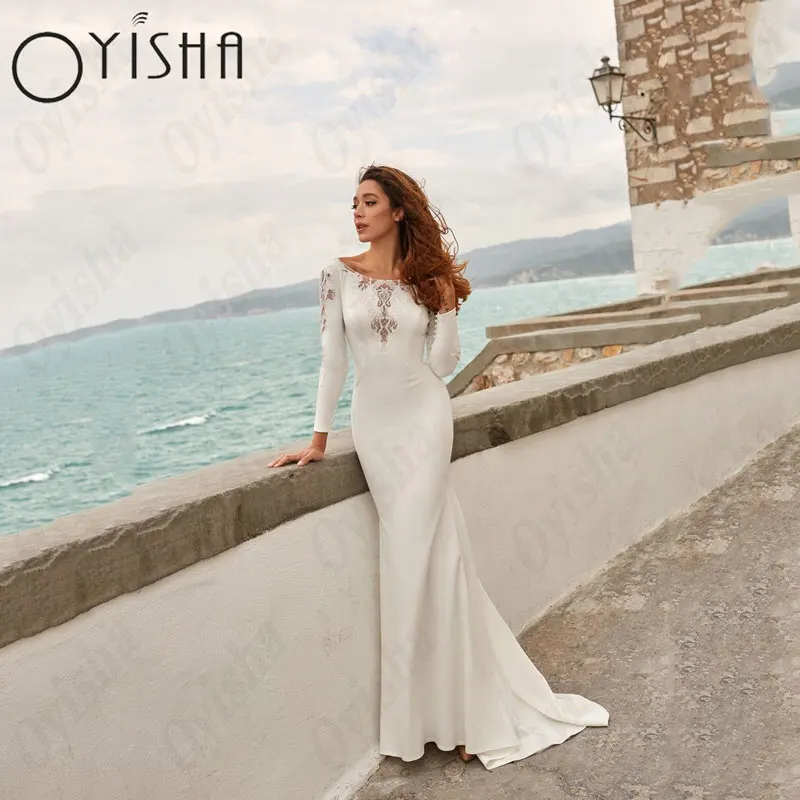 OYISHA Mermaid Full Sleeves Wedding Dresses Simple Satin Scoop Appliques Bridal Gowns Lace Gorgeous Backless Vestido De Mariages