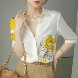 Fashion Printed Lapel Half Sleeve Oversized Loose Button Shirt Summer New Casual Tops Elegant Women's Clothing Commute Blouse