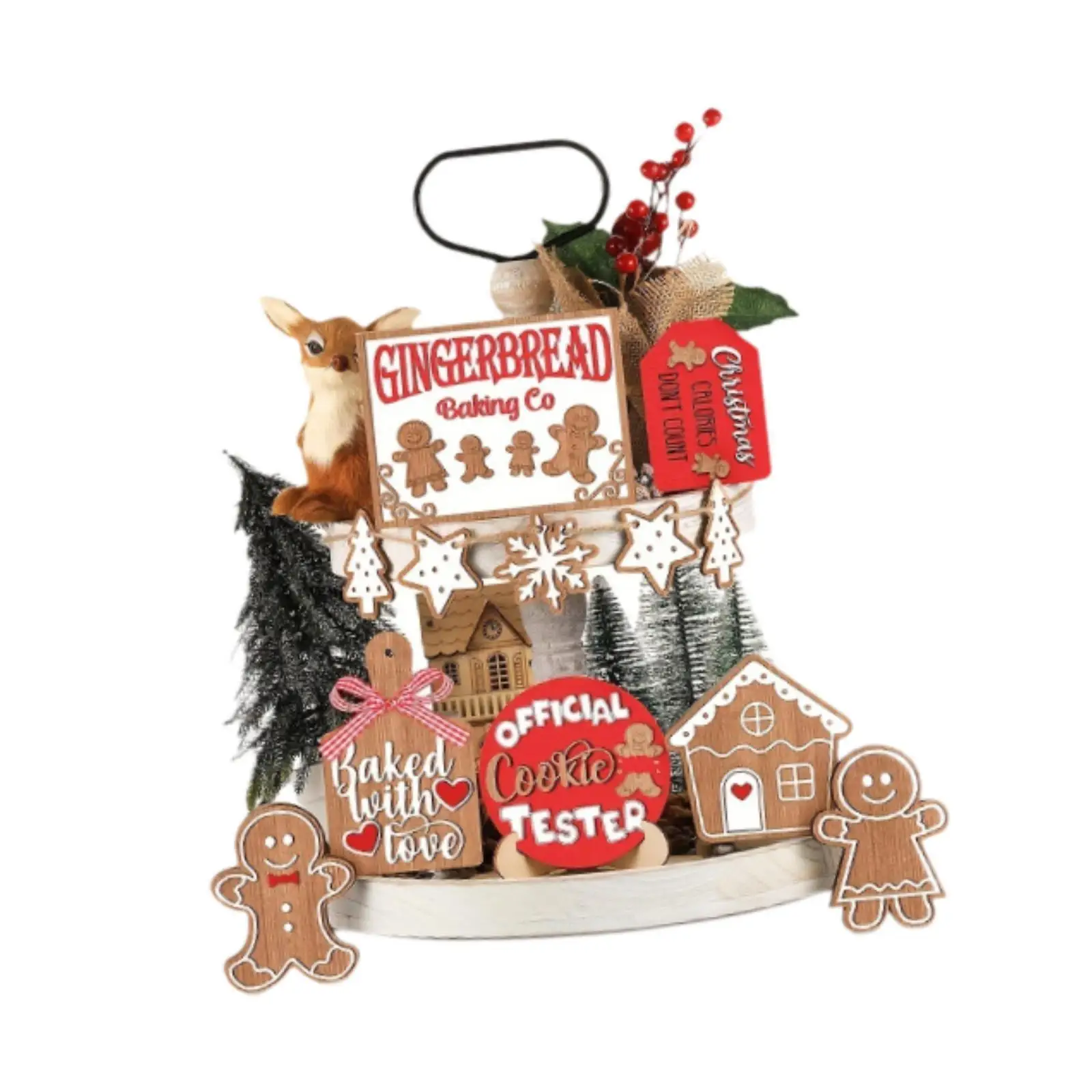 Christmas Tiered Tray Decor Set Wooden Gingerbread Man Snowflake Tabletop Centerpiece for Farmhouse Mantel Holiday Party Kitchen