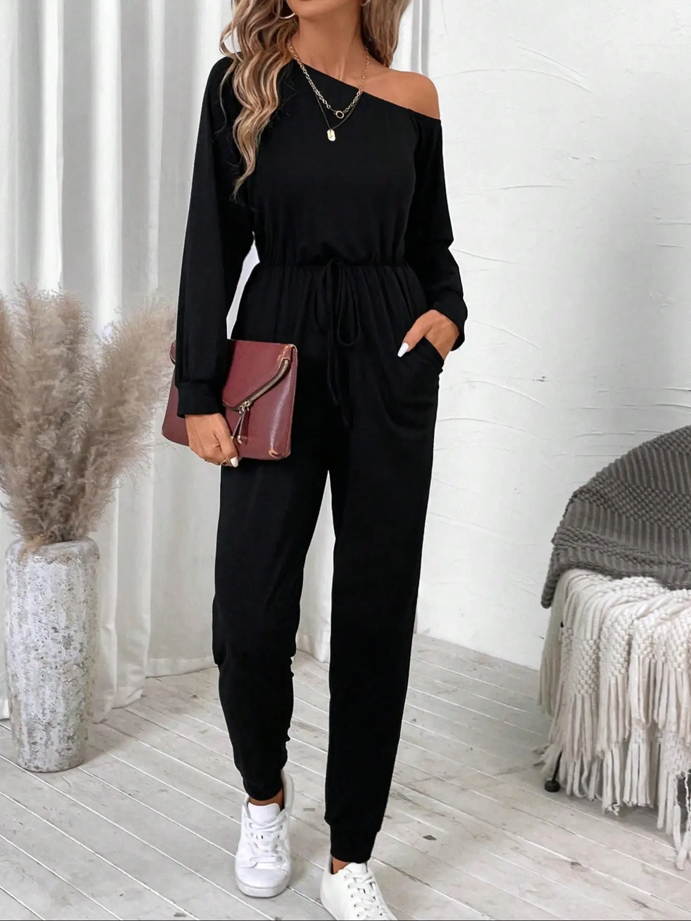 ชุดจั๊มสูทขายาวสำหรับผู้หญิง ดีไซน์เรียบง่าย สวมใส่สบายทุกวัน เหมาะสำหรับทุกฤดูกาล