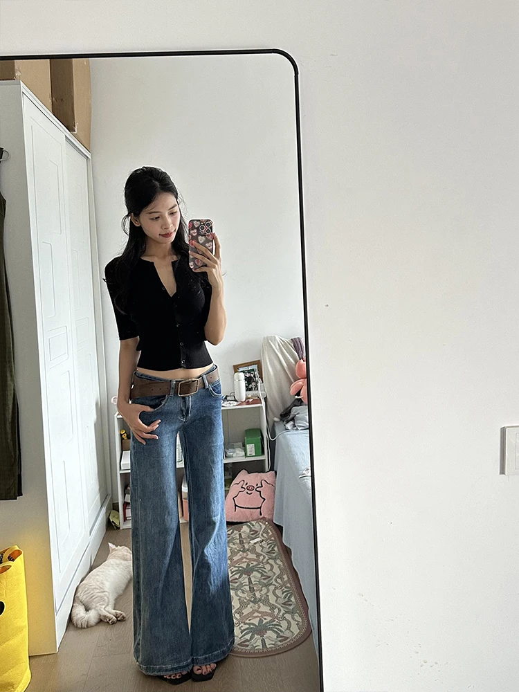 

Женские расклешенные джинсы с низкой талией в американском стиле ретро, лето 2025, новые тонкие широкие длинные брюки, повседневные длинные брюки с высокой талией на молнии