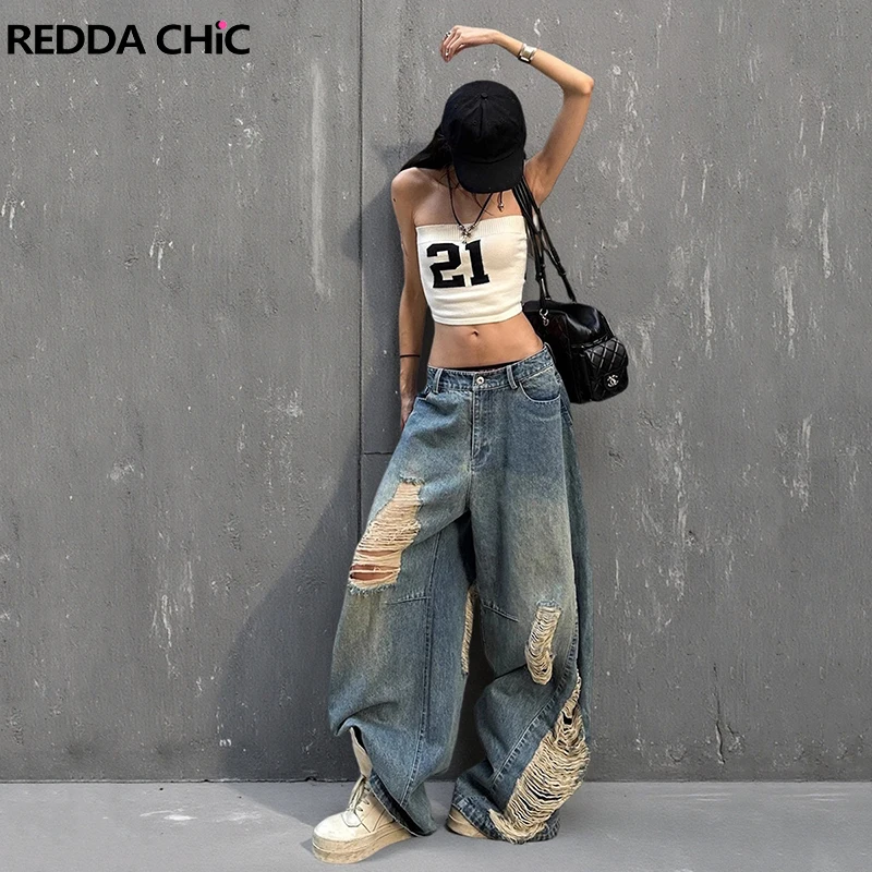 REDDACHiC Conjunto de pantalones y top de tubo para mujer, número informal # 21 Chaleco de punto, pantalones vaqueros holgados rasgados de tiro bajo, novedad en ropa de calle de Corea