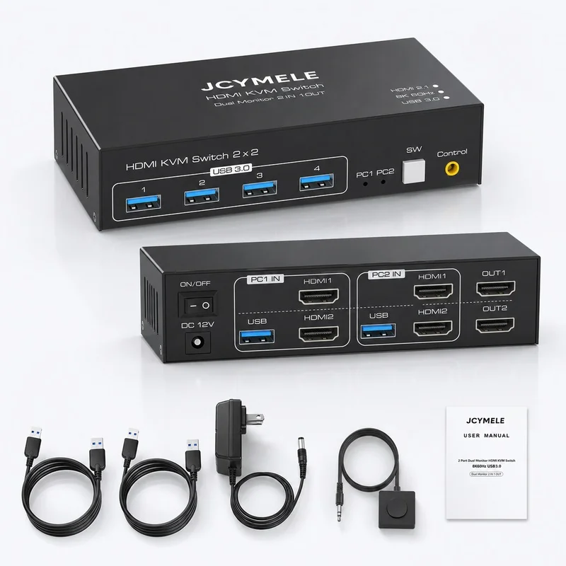 JCYMELE Dual-Monitor KVM Switch 8K@60Hz, 2 PCs to 2 Screens HDMI+DP USB 3.0 Hub for Keyboard Mouse Windows Linux